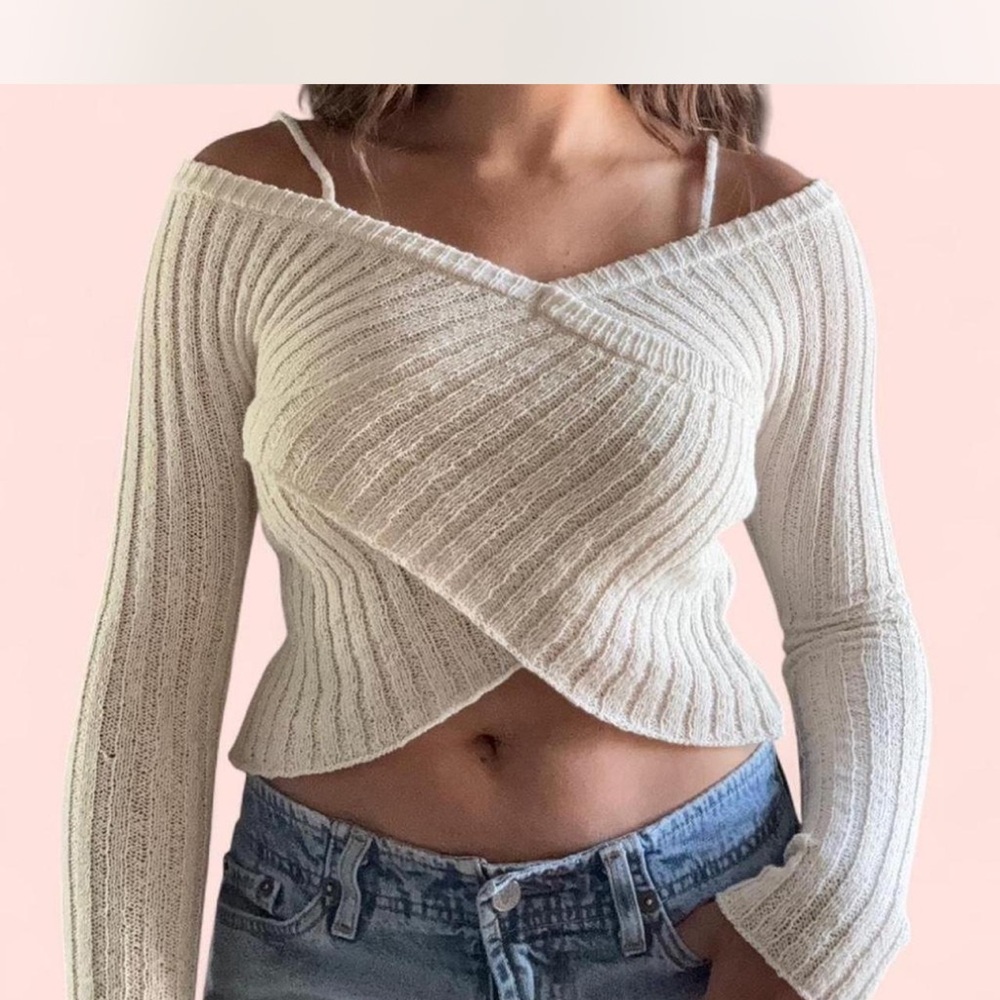 Urban Outfitters Cream Off-Shoulder Ribbed Wrap Sweater